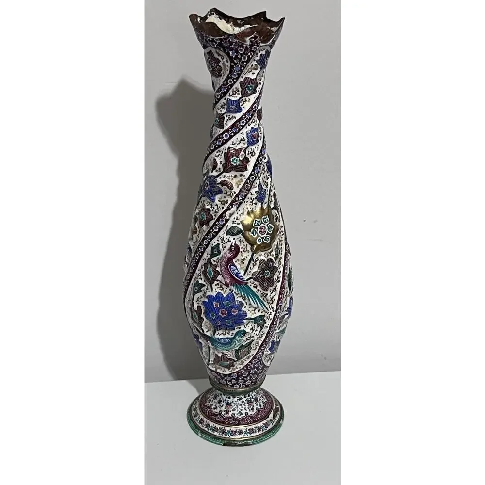 Vintage Antique Iznik Minakari Enameled Birds And Floral Decorations Copper Vase